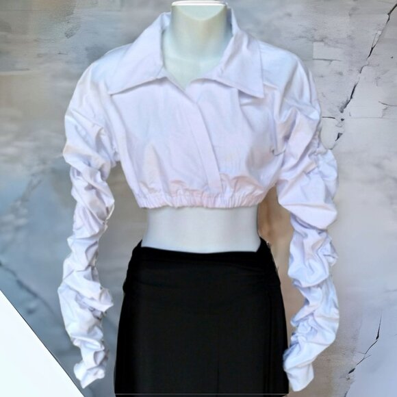 PrettyLittleThing Ruched Long Sleeve Crop Top White Women's Size 6 - Picture 1 of 4